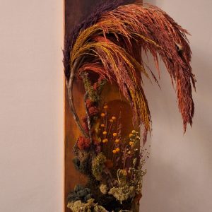 Sfarsit de vara la apus/Tablou cu licheni, mușchi și plante naturale stabilizate, pe lemn masiv, pictat manual/80x25 cm